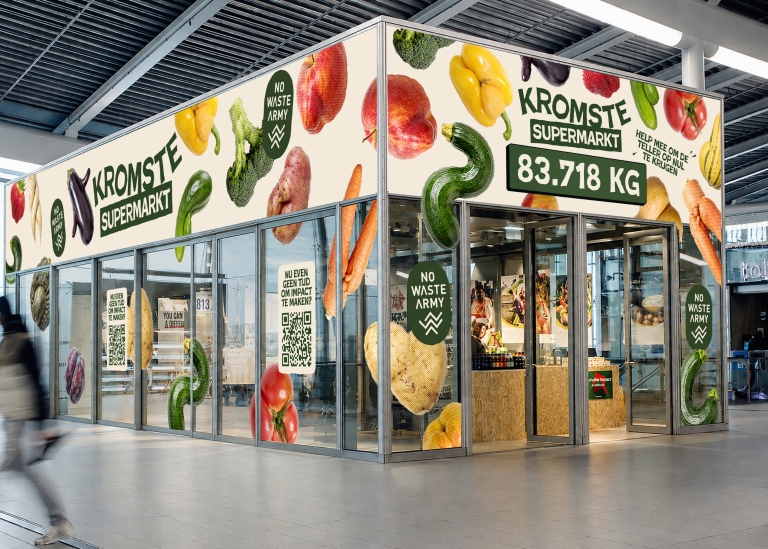 Mock up van de pop up store De kromste supermarkt van Nederland