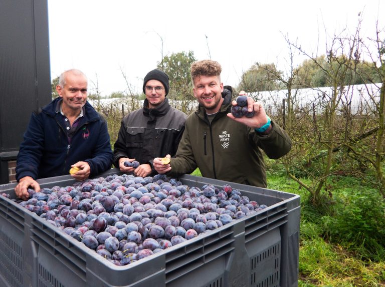 Frederik en Marinus van B&B Fruit met No Waste Army bij de kisten pruimen